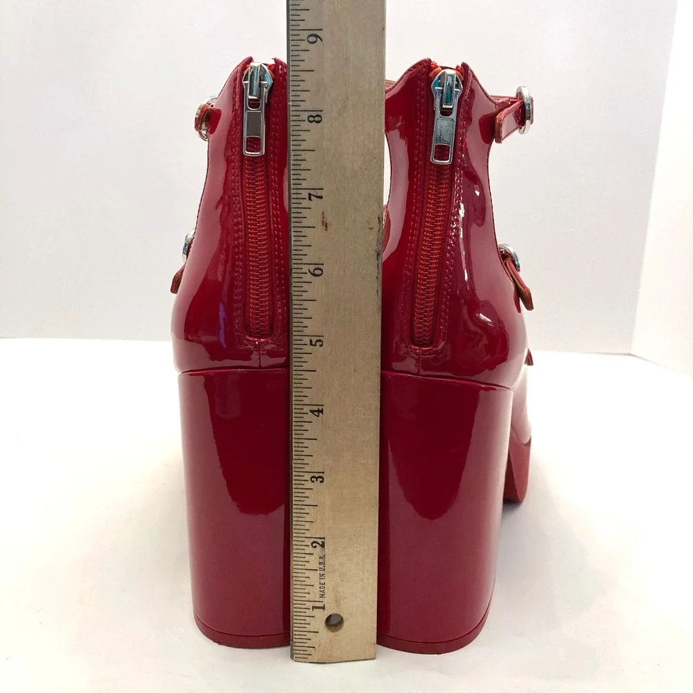 Steve Madden Quad Heels Red Patent Faux Leather Platform Womens 10 Straps Chunky